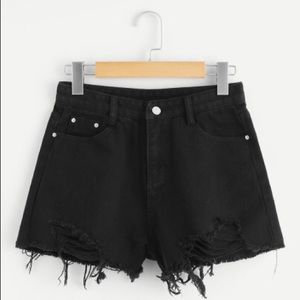BLACK RIPPED JEAN SHORTS ROMWE HIGH WAISTED  TREND